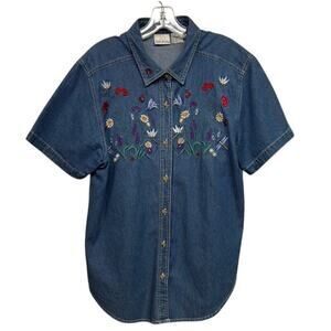 Women's Vintage Bobbie Brooks Floral Embroidered Denim Short Sleeve Top Size L